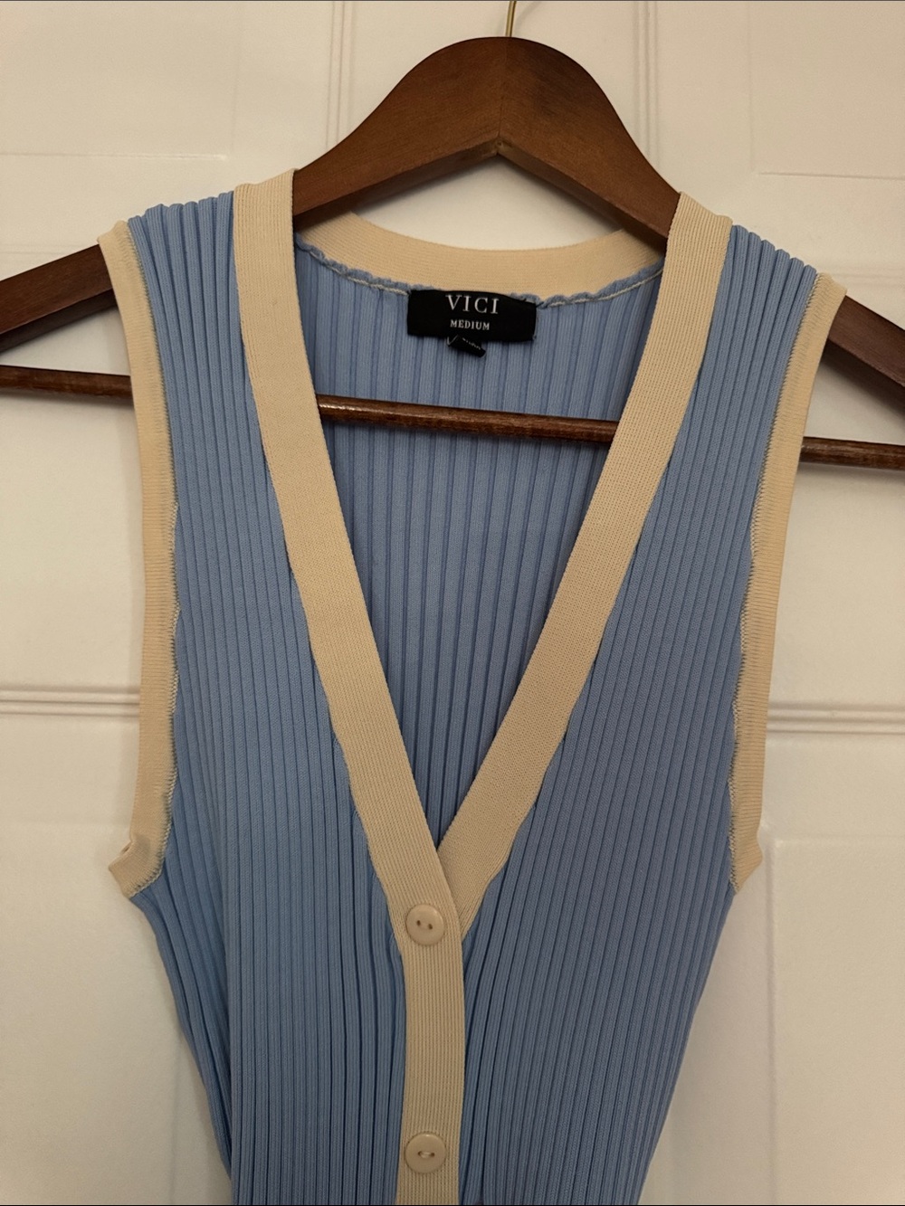 Vici Sleeveless Ribbed Button-Front Dress in Light Blue with Cream Trim - Picture 3 of 9